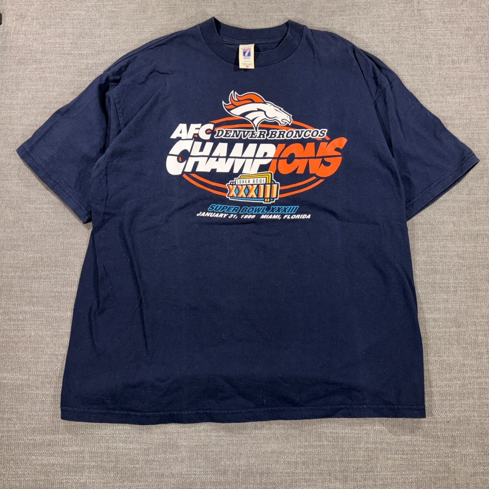 Logo 7 Denver Broncos T-Shirt Mens 2XL Navy Blue 1999 Super Bowl XXXIII